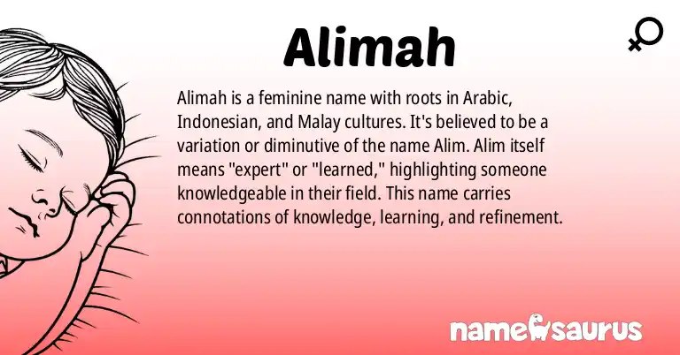 Infographic about Alimah name meaning, Alimah is a name from Arabic, Indonesian, Malay origin(s).