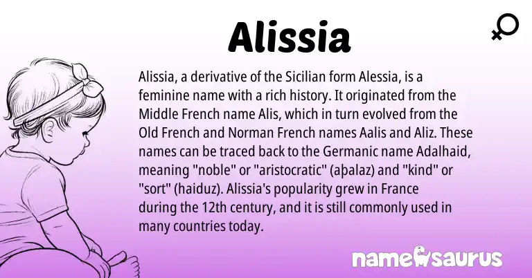 Infographic about Alissia name meaning, Alissia is a name from Sicilian, Middle French, Old French, French, Germanic, Norman origin(s).