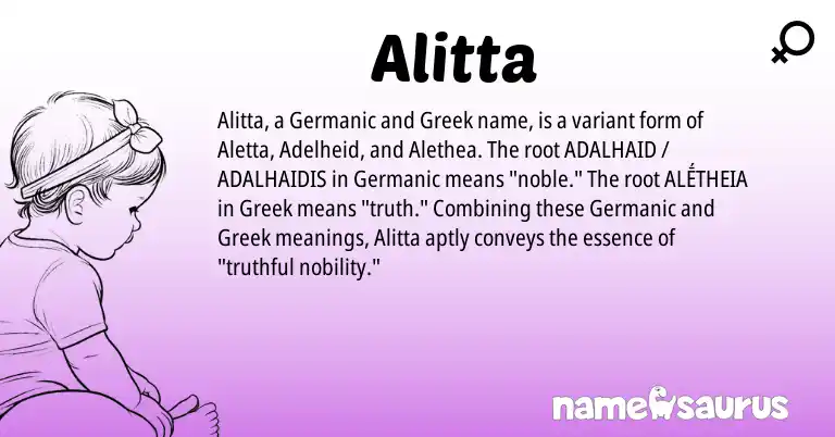 Infographic about Alitta name meaning, Alitta is a name from Germanic, Greek origin(s).