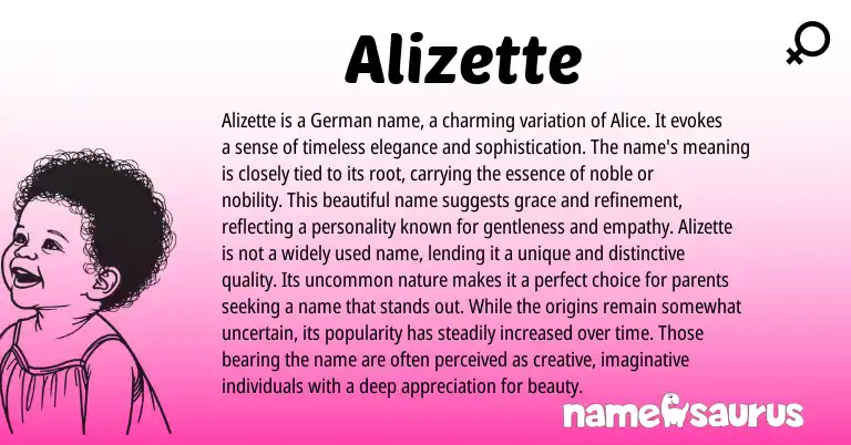 Infographic about Alizette name meaning, Alizette is a name from Germanic, French origin(s).