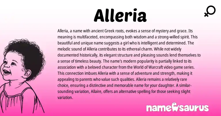 Infographic about Alleria name meaning, Alleria is a name from Greek origin(s).