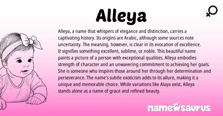 Infographic about Alleya name meaning, Alleya is a name from Arabic origin(s).