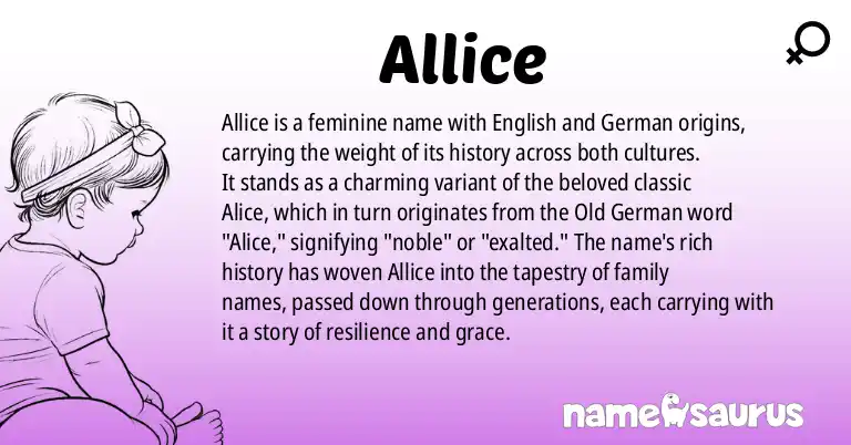 Infographic about Allice name meaning, Allice is a name from English, German origin(s).