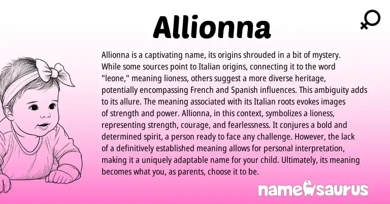 Infographic about Allionna name meaning, Allionna is a name from Italian origin(s).