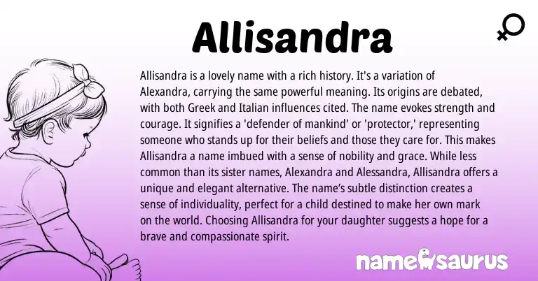 Infographic about Allisandra name meaning, Allisandra is a name from Greek origin(s).