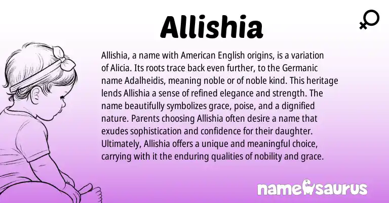 Infographic about Allishia name meaning, Allishia is a name from English origin(s).