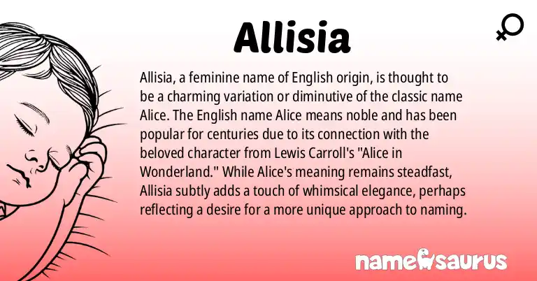 Infographic about Allisia name meaning, Allisia is a name from English origin(s).