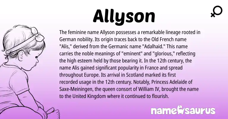 Infographic about Allyson name meaning, Allyson is a name from German, Germanic, United Kingdom, Old French origin(s).