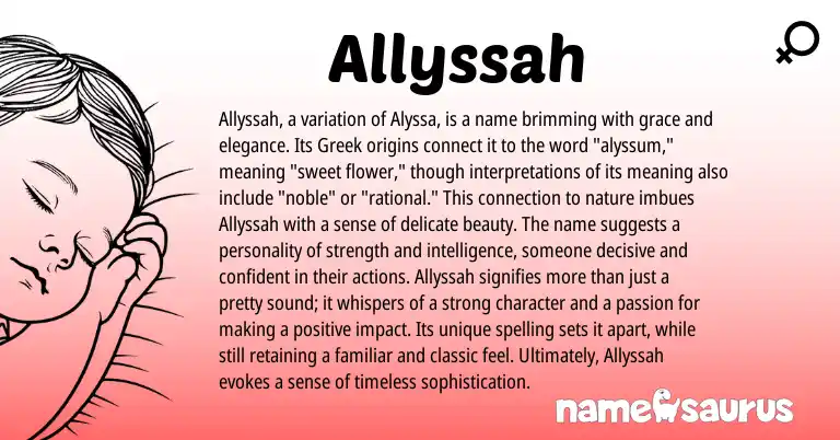 Infographic about Allyssah name meaning, Allyssah is a name from Germanic, Greek origin(s).