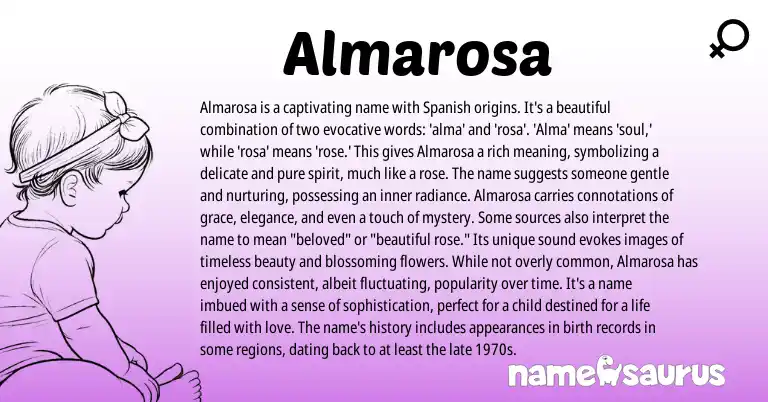 Infographic about Almarosa name meaning, Almarosa is a name from Spanish origin(s).