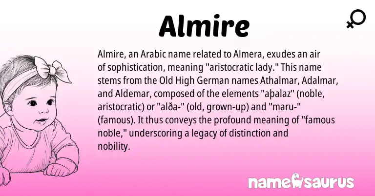 Infographic about Almire name meaning, Almire is a name from Old High German, Arabic origin(s).