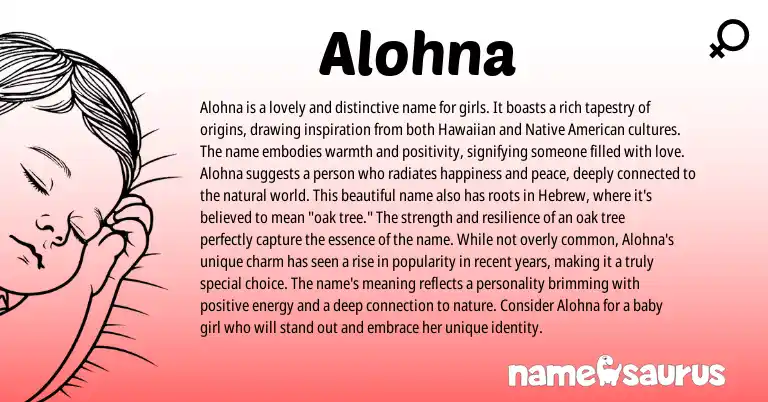Infographic about Alohna name meaning, Alohna is a name from American, Hawaiian origin(s).