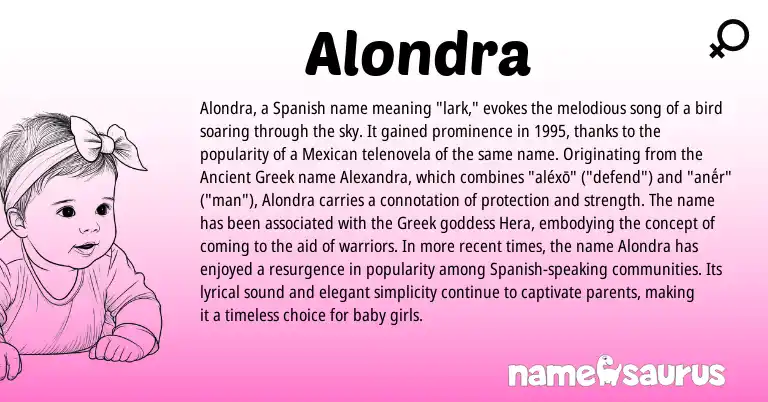 Infographic about Alondra name meaning, Alondra is a name from Spanish, Mexican, Greek, Ancient Greek origin(s).