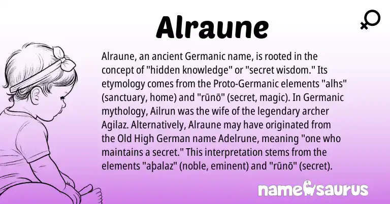 Infographic about Alraune name meaning, Alraune is a name from Old High German, Germanic origin(s).