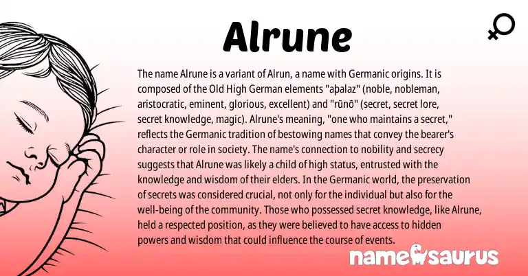 Infographic about Alrune name meaning, Alrune is a name from Old High German, Germanic origin(s).