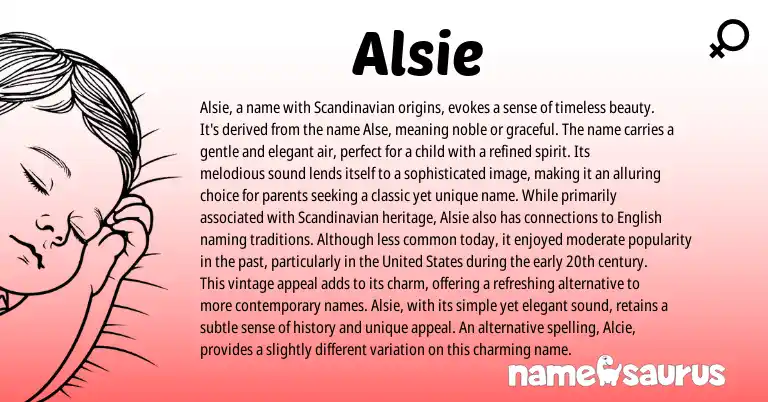 Infographic about Alsie name meaning, Alsie is a name from Scandinavian origin(s).