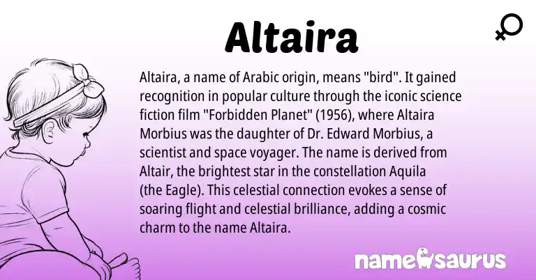 Infographic about Altaira name meaning, Altaira is a name from Arabic origin(s).
