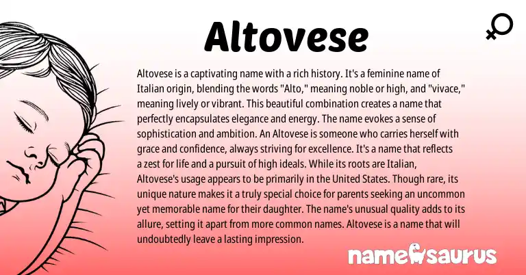 Infographic about Altovese name meaning, Altovese is a name from Italian, English origin(s).