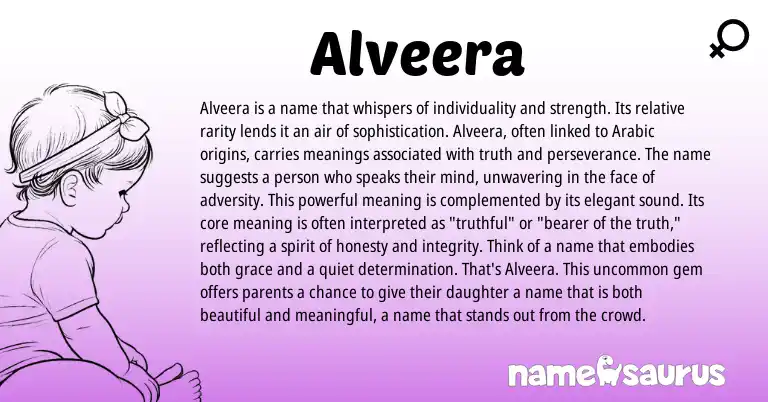 Infographic about Alveera name meaning, Alveera is a name from Unknown origin(s).