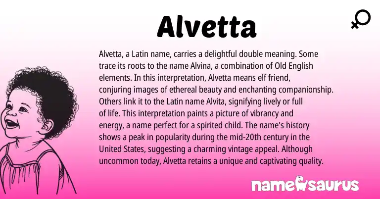 Infographic about Alvetta name meaning, Alvetta is a name from Latin, English origin(s).