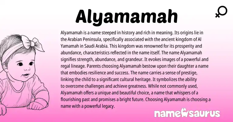 Infographic about Alyamamah name meaning, Alyamamah is a name from Arabic origin(s).