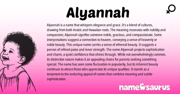 Infographic about Alyannah name meaning, Alyannah is a name from Arabic, Hawaiian origin(s).