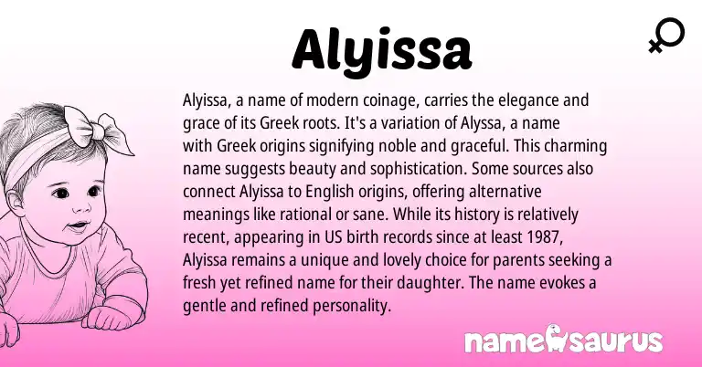 Infographic about Alyissa name meaning, Alyissa is a name from Greek origin(s).