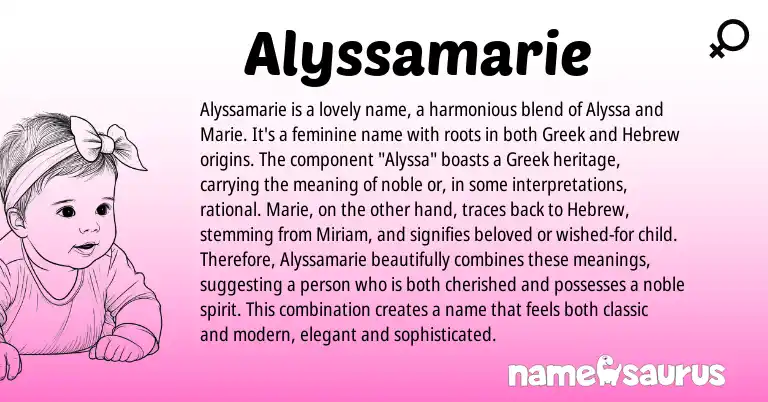 Infographic about Alyssamarie name meaning, Alyssamarie is a name from Greek, French origin(s).