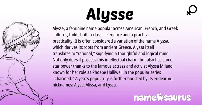 Infographic about Alysse name meaning, Alysse is a name from American, French, Greek origin(s).