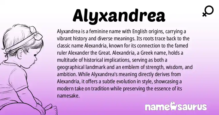 Infographic about Alyxandrea name meaning, Alyxandrea is a name from English origin(s).