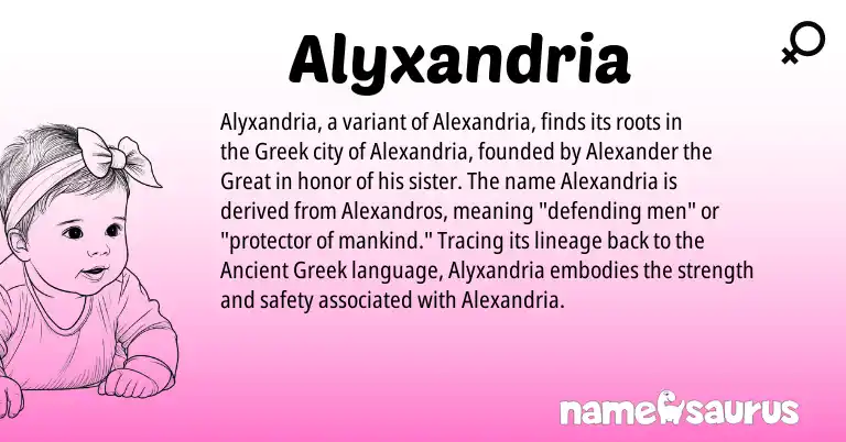 Infographic about Alyxandria name meaning, Alyxandria is a name from Ancient Greek, Greek origin(s).