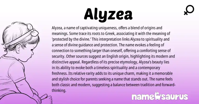 Infographic about Alyzea name meaning, Alyzea is a name from Greek origin(s).