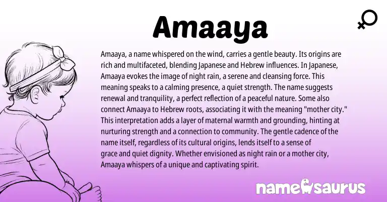 Infographic about Amaaya name meaning, Amaaya is a name from Hindi, Japanese origin(s).