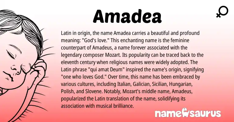 Infographic about Amadea name meaning, Amadea is a name from Polish, Sicilian, Hungarian, Latin, Galician, Slovene, Italian origin(s).
