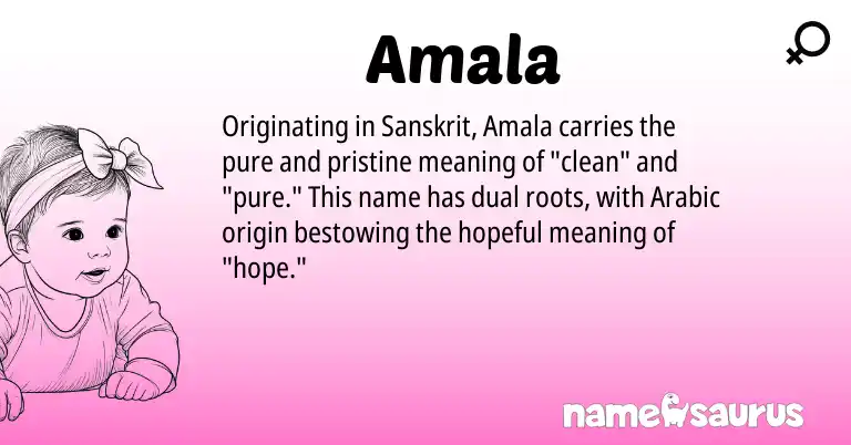 Infographic about Amala name meaning, Amala is a name from Sanskrit, Arabic origin(s).