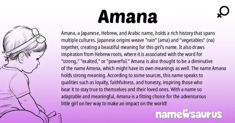 Infographic about Amana name meaning, Amana is a name from Japanese, Hebrew, Arabic, Celtic origin(s).