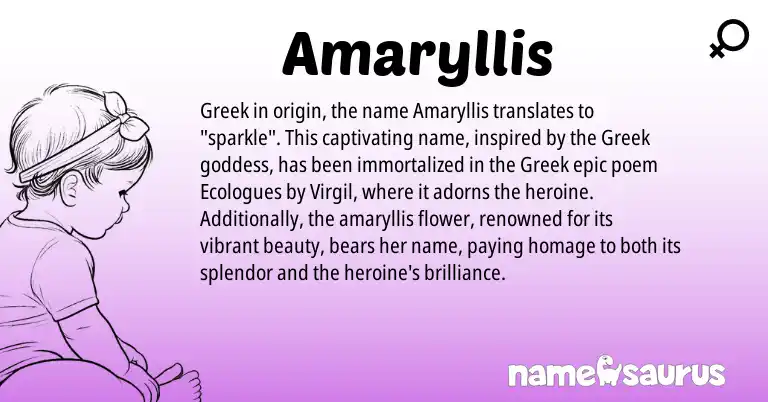 Infographic about Amaryllis name meaning, Amaryllis is a name from Greek origin(s).