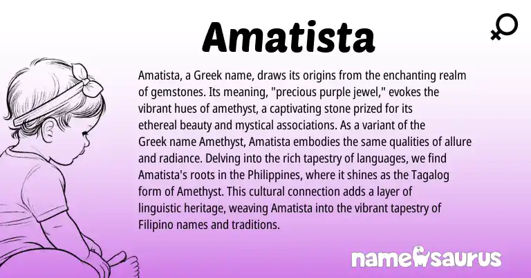 Infographic about Amatista name meaning, Amatista is a name from Philippines, Filipino, Tagalog, Greek origin(s).