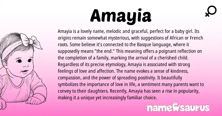 Infographic about Amayia name meaning, Amayia is a name from French, African origin(s).