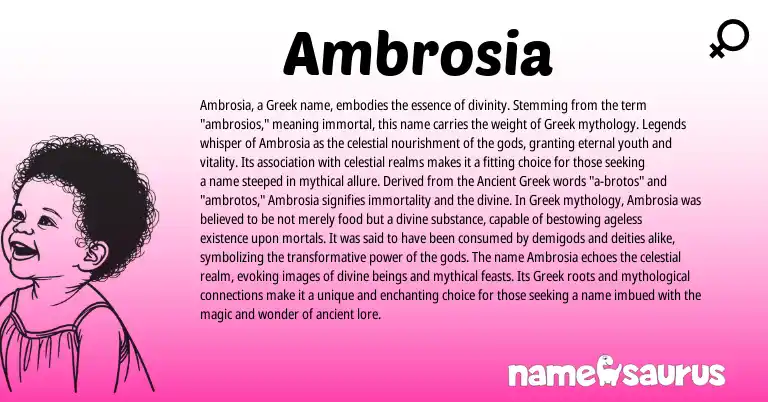 Infographic about Ambrosia name meaning, Ambrosia is a name from Ancient Greek, Legends, Greek origin(s).