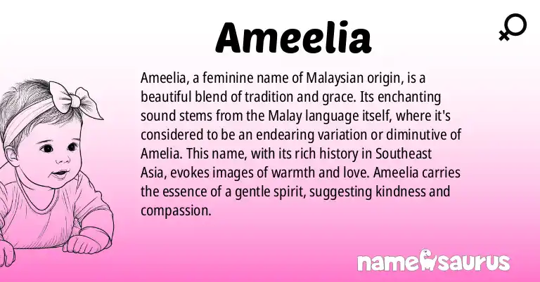 Infographic about Ameelia name meaning, Ameelia is a name from Malaysian origin(s).