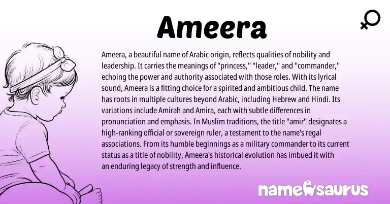 Infographic about Ameera name meaning, Ameera is a name from Hindi, Muslim, Arabic, Hebrew origin(s).
