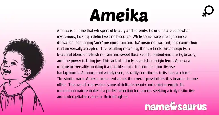 Infographic about Ameika name meaning, Ameika is a name from Japanese origin(s).