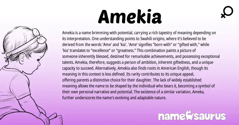 Infographic about Amekia name meaning, Amekia is a name from English, Swahili origin(s).