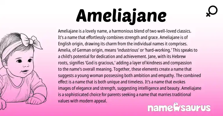 Infographic about Ameliajane name meaning, Ameliajane is a name from Germanic, Hebrew origin(s).