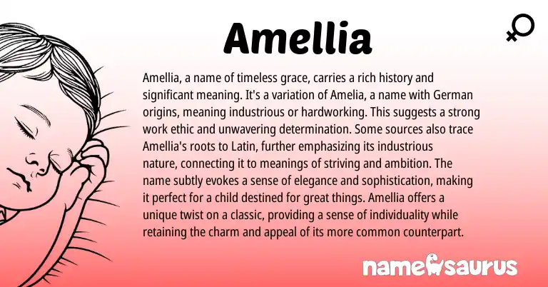 Infographic about Amellia name meaning, Amellia is a name from Latin, Germanic origin(s).