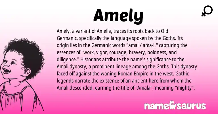 Infographic about Amely name meaning, Amely is a name from Roman, Germanic, Old Germanic, Gothic origin(s).