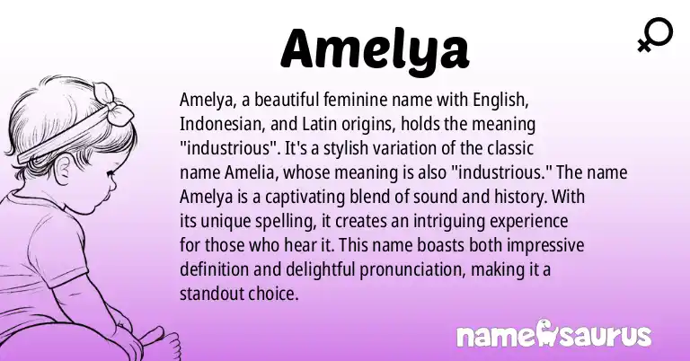 Infographic about Amelya name meaning, Amelya is a name from English, Indonesian, Latin, German origin(s).