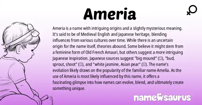 Infographic about Ameria name meaning, Ameria is a name from Medieval English, Japanese origin(s).