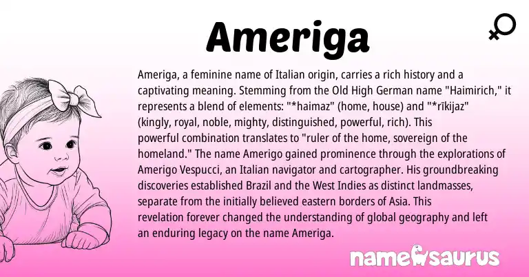 Infographic about Ameriga name meaning, Ameriga is a name from Old High German, Italian origin(s).
